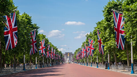 Eine rote Straße führt geradeaus zum Buckingham Palace, links und rechts der Straße stehen Bäume und Flaggen von Großbritannien hängen zwischen den Bäumen.