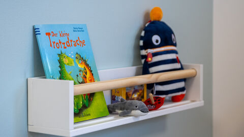 Regal, das an der Wand hängt. Darauf ist ein Buch und Kuscheltiere platziert.